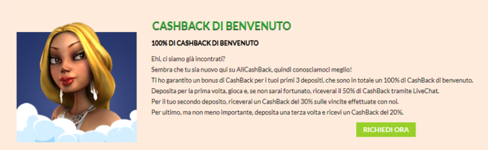 benvenuto al bonus casinò di All Cashback